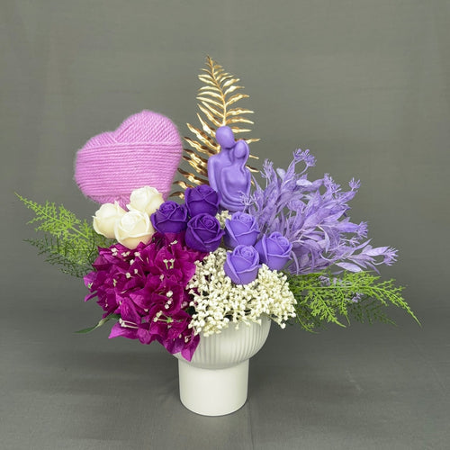 Luxury Couple purple candle bouquet in white pot with lavender and purple roses, romantic couple centerpiece and heart accent